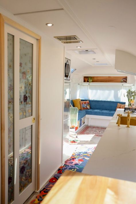 1979 Airstream Sovereign: Dancing Queen — perpetually devastated Blue Sofa In Living Room, Sofa In Living Room, Airstream Living, Airstream Remodel, Airstream Interior, Airstream Renovation, Be A Light, Rv Renovations, Custom Bathroom