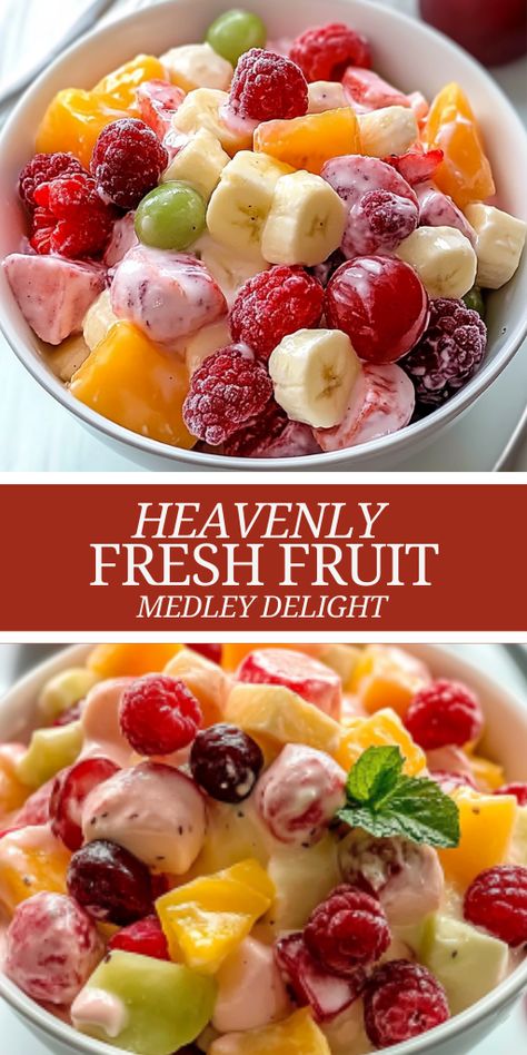 Ingredients:  1 can (20 oz) pineapple chunks, drained 1 can (11 oz) mandarin oranges, drained 1 can (15 oz) peach slices, drained and chopped 1 cup strawberries, sliced 1 cup green grapes, halved 1 cup blueberries 1 box (3.4 oz) instant vanilla pudding mix 1 cup Greek yogurt 1 cup mini marshmallows 1/2 cup sweetened coconut flakes Fresh mint leaves for garnish (optional) Fruit Medley, Pineapple Chunks, Healthy Dinner Options, Mandarin Oranges, Peach Slices, Vanilla Pudding Mix, Fresh Mint Leaves, Green Grapes, Vanilla Pudding