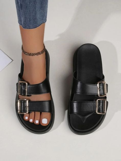 Double Buckle Strap Wedge Slide Sandals | SHEIN Double Strap Sandals Outfit, Sandals Aesthetic, Double Buckle Sandals, Party Shoes Heels, Sandals Shein, Classic Loafers, Boots Shoe, Buckle Outfits, Double Strap Sandals