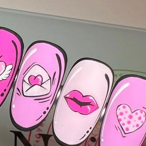 Comic Book Valentines Nails, Comic Valentine Nails, Pop Art Valentines Nails, Valentines Set Nails, Valentine’s Day Nail Art, Uñas Pop Art, Nail Sets Ideas, Xoxo Nails, Pop Comic Art