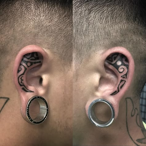 Ear Tatoos Man, Polynesian Ear Tattoo, Viking Ear Tattoo, Ear Tattoos For Men, Geometric Throat Tattoo, Black Sheep Tattoo, Simbols Tattoo, Ear Tats, Geometric Mandala Tattoo