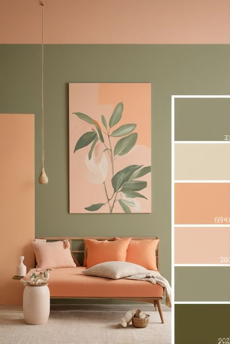 Peach Colour Bedroom Ideas, Color Combinations For Interior Design, Peach Green Living Room, Home Decor Pallets Color, Color Combinations Paint Living Room, Color Combinations Home Living Rooms, Sage And Orange Living Room, Sage Color Palette Living Room, Office Colour Palette