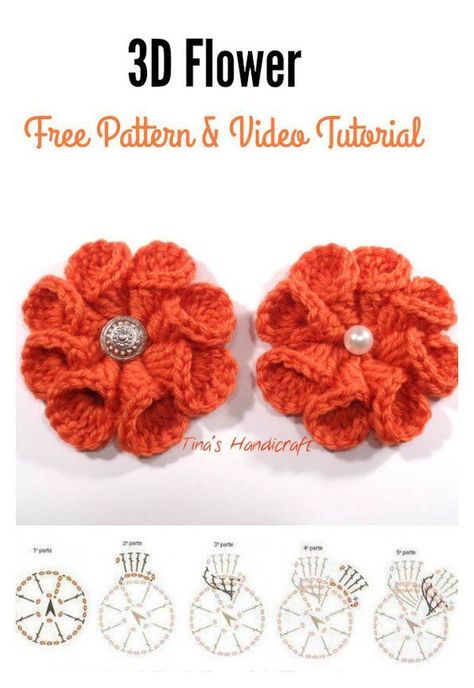 3D crochet Flower FREE Pattern and Video Tutorial Crochet Puff Flower, 3d Crochet, Bandeau Au Crochet, Flower Granny Square, Crochet Heart Pattern, Crochet Flowers Free Pattern, Confection Au Crochet, Flowers Crochet, Crocheted Flowers