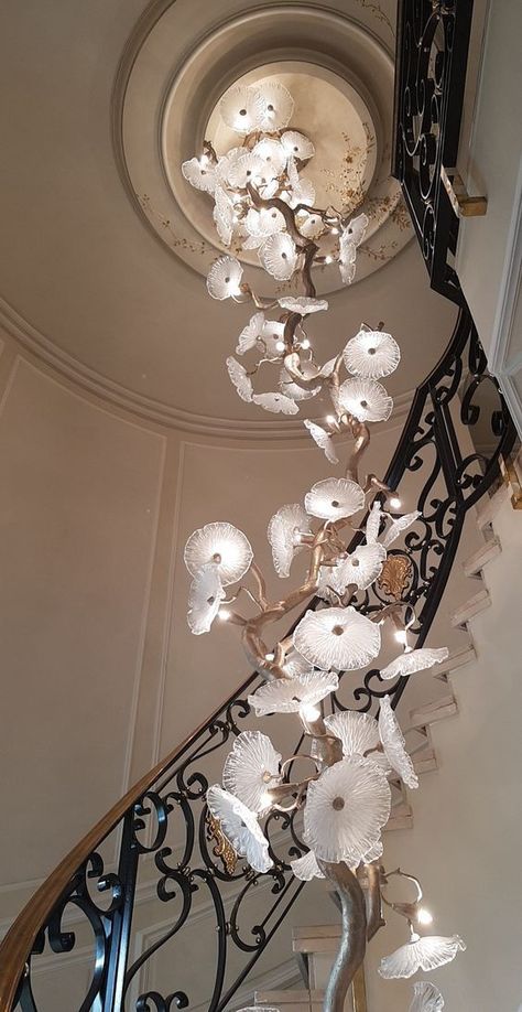 Chandelier For Stairs, Stair Chandelier, Organic Lighting, Hallway Chandelier, Interior Design Layout, Nature Home, Floral Chandelier, Modern Lighting Design, Wedding Event Design