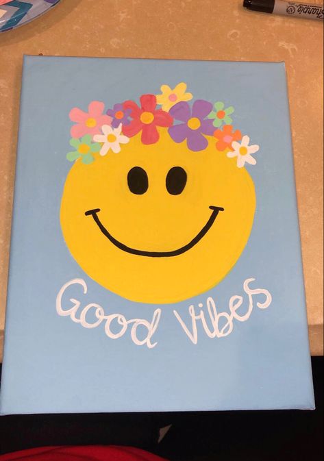 Original Painting by Sabrina Schipper Smile Canvas Painting, Good Vibes Painting Ideas, Smiley Face Artwork, Crown Canvas Painting, Emoji Painting Canvas, Smiley Canvas Painting, Smiley Face Painting Ideas, Preppy Painting Ideas On Canvas, Calming Drawings