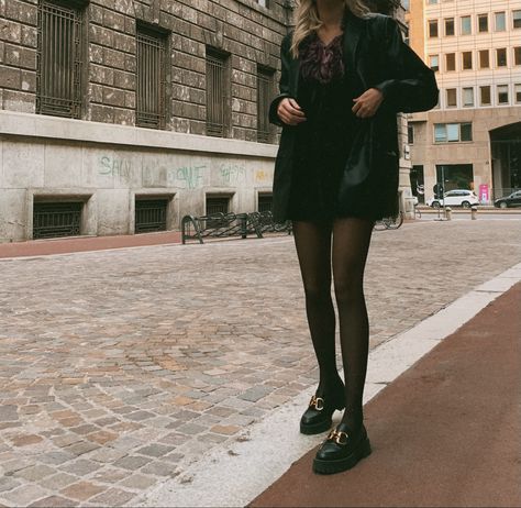 black leather jacket, black mini dress and loafers Black Dress And Loafers Outfit, Mini Dress With Loafers, Black Dress With Loafers, Patent Leather Loafers Outfit, Dress And Loafers Outfit, Dress And Loafers, Leather Loafers Outfit, Platform Loafers Outfit, Dress With Loafers