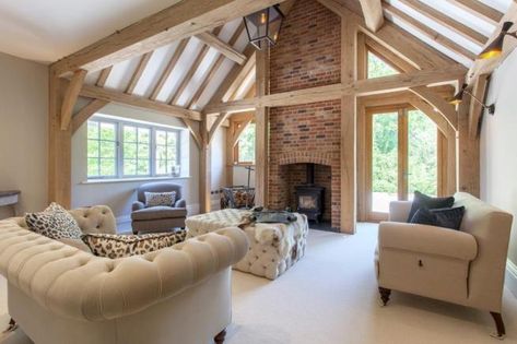 Fireplace Woodburner, Shop With Living Quarters, Wood Stove Ideas, Dream House Garden, Oak Frame House, Stove Ideas, Oak Framed Buildings, Timber Frame Building, Build A Fireplace