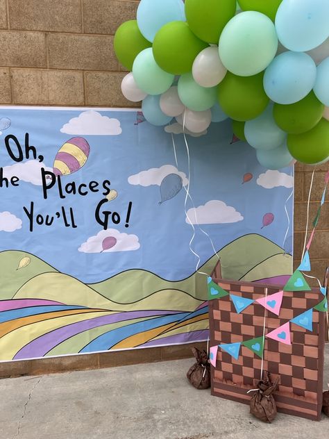 Using a box for students to step in "Oh the Places you will go" Preschool Graduation Oh The Places You’ll Go, All The Places You Will Go Graduation, Oh The Places Youll Go Preschool Graduation, Oh The Places You'll Go Party, Up Themed Graduation Party, The Places You Will Go Graduation, Soaring To New Heights Theme, Oh The Places You’ll Go Bulletin Board, Oh The Places Youll Go Backdrop