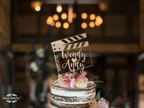 Movie clapper board wooden cake topper, Movie theme wedding cake topper, topper for birthday, cake topper for influencer. youtuber gift Hollywood Wedding Aesthetic, Cinema Themed Wedding, Movie Clapper Board, Outdoor Wedding Cake, Movie Clapper, Movie Themed Wedding, Movie Cake, Clapper Board, Wedding Table Themes