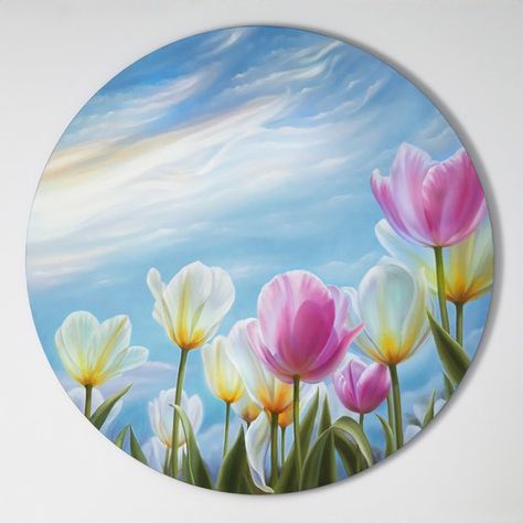 Round Painting Ideas, Tulips Oil Painting, Round Canvas Painting, Circular Canvas Painting, Art Tulips, Round Painting, Circular Canvas, Tulip Painting, Tulips Art