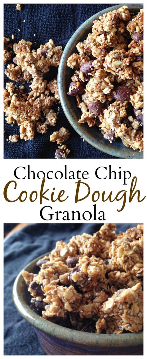 Chocolate Chip Cookie Dough Granola is the best granola you will ever taste! Cereal Mixes, Healthy Chocolate Chip Cookie Dough, Healthy Chocolate Chip Cookie, Simple Granola, Pantry Diy, Granola Bites, Healthy Cookie Dough, Best Granola, Breakfast Vegan