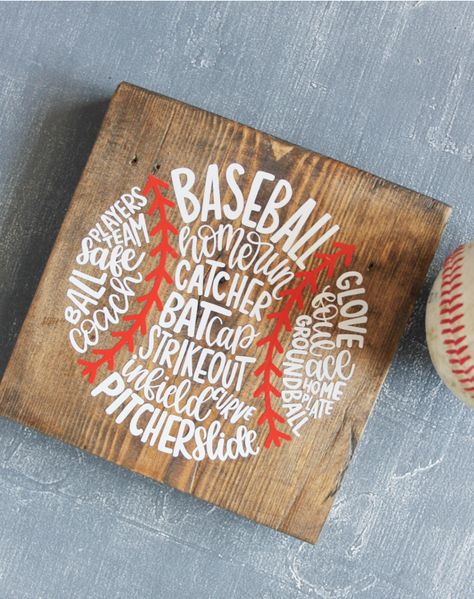 Baseball Themed Wooden Signs, Baseball Signs Wooden, Cricut Baseball Projects, Baseball Crafts To Sell, Baseball Cricut Projects, Sports Crafts To Sell, Baseball Crafts Diy, Baseball Project, Baseball Theme Room