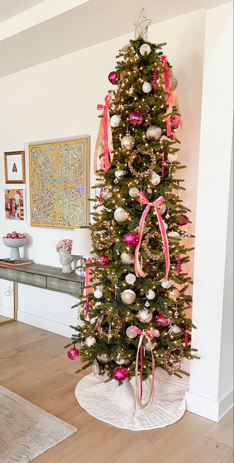 Red Pink Christmas Tree, Pink And Red Christmas Tree, Preppy Christmas Tree, Hot Pink Christmas Tree, Hot Pink Christmas, Ribbon Tree, Holiday Inspo, Pink Christmas Decorations, Pink Christmas Tree