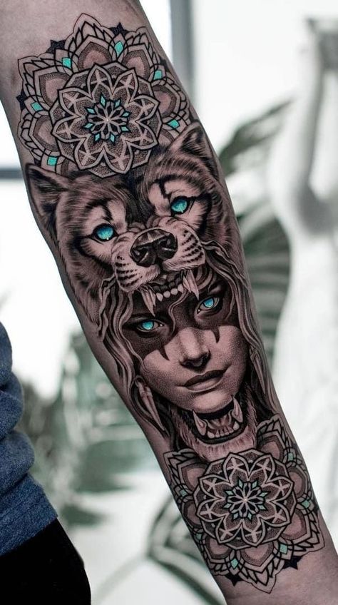 Fenrir Tattoo, Tattoo Homme, Headdress Tattoo, Wolf Tattoo Sleeve, Native Tattoos, Inspiration Tattoos, Mandala Tattoo Design, Best Sleeve Tattoos, Wolf Tattoos