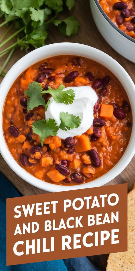 Warm up with this Sweet Potato and Black Bean Chili! A delicious, vegan-friendly dish that’s packed with tender sweet potatoes, protein-rich black beans, and savory spices. Black Beans And Sweet Potato Recipes, Sweet Potato And Black Bean Chili, Sweet Potato Black Bean Casserole, Chili With Sweet Potato, Black Bean Sweet Potato Chili, Black Bean Chili Recipe, Sweet Potato Black Bean Chili, Crock Pot Sweet Potatoes, Chili Recipe With Black Beans