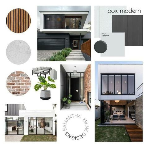 Mood Board For Exterior Elevation, Modern Muji House Exterior, Modern House Exterior Materials, Exterior Moodboard Architecture, Industrial Textures Moodboard, Exterior Facade Mood Board, Modern Industrial Mood Board, Material Palette Architecture Exterior, Mood Board Exterior Design