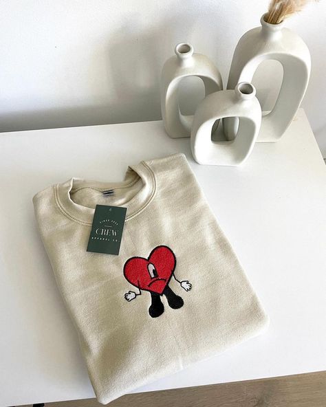 Fall Crewneck, Handmade Gift Wrap, Clothing Tags, Embroidered Clothes, Embroidered Sweatshirt, Bad Bunny, Sand Color, Embroidered Sweatshirts, Brand Tags