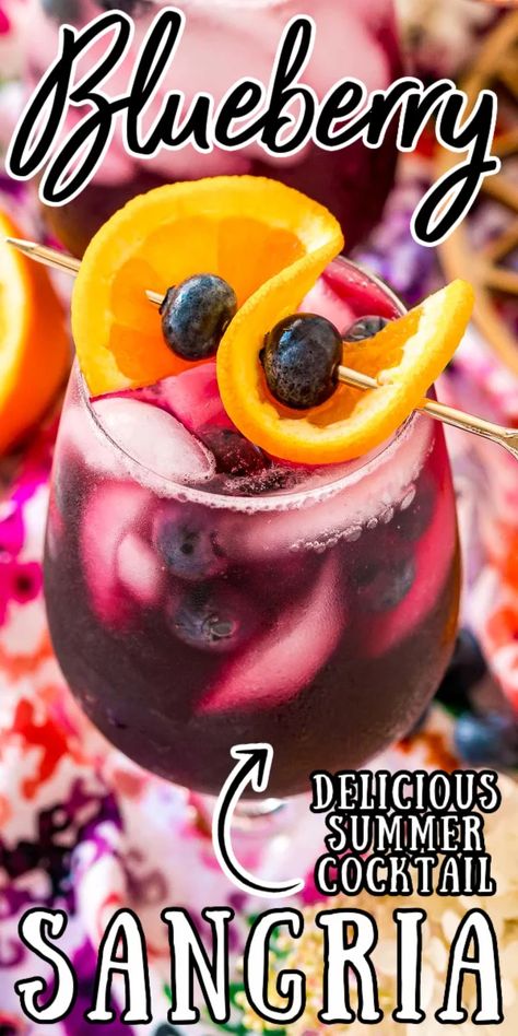 Blueberry Sangria is a large batch cocktail that combines 4 ingredients with blueberries and Cara Cara oranges for a refreshing Summer drink! via @sugarandsoulco Blueberry Wine Sangria, Blueberry Lemon Sangria, Blueberry Mixed Drinks, Drinks With Blueberries, Blueberry Wine Cocktail, Red Sangria Recipes Summer, Blueberry Alcoholic Drinks, Large Batch Sangria Recipe, Cocktails With Blueberries