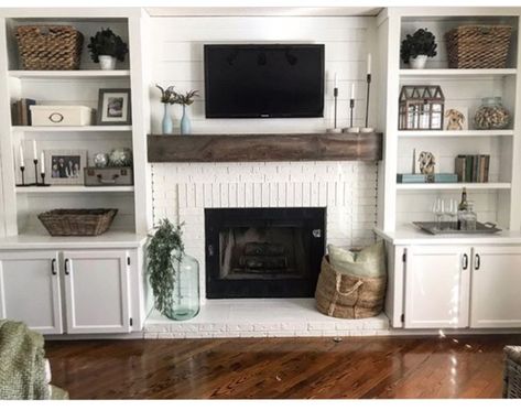 Built Ins Around Fireplace, Brick Fireplace Remodel, Mantel Beam, Fireplace Bookcase, Built In Around Fireplace, Farmhouse Fireplace Decor, Mantel Fireplace, Fireplace Bookshelves, Floating Mantel