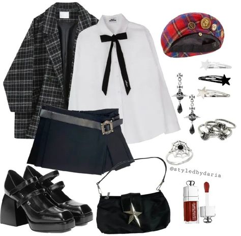 Outfit Ideas Kpop Inspired, Pretty Preppy Outfits, Preppy Punk Outfits, Theater Outfit Ideas, Kpop Outfits Inspiration, Polyvore Outfits Aesthetic, Contrast Outfit, Preppy Punk, Punk Outfits