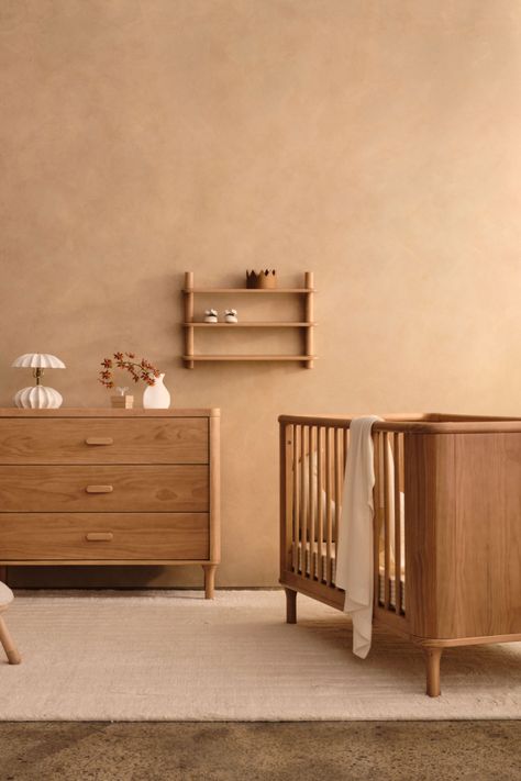 A considered collaboration between Tasman Eco and Skeehan Studio, creating a nursery collection fit for a considered nursery. Wooden Nursery Furniture, Ferm Living Nursery, Japandi Nursery Room, Baby Room Layout, Aesthetic Nursery Room, Baby Room Minimalist, Japandi Nursery, Japanese Nursery, Terracotta Nursery