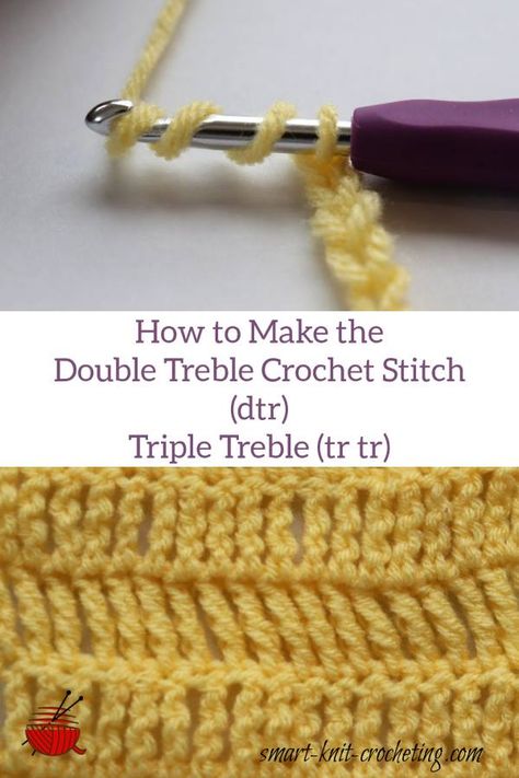 How To Double Treble Crochet, Double Treble Crochet Tutorials, Triple Treble Crochet, How To Do A Double Treble Crochet Stitch, Double Triple Crochet Stitch, Double Treble Crochet Stitch, Double Triple Crochet, How To Triple Crochet, Crochet Stitches Uk