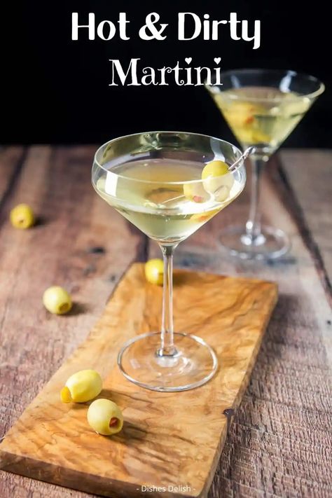 A fiery twist on a classic: this hot and dirty martini recipe with homemade jalapeño vodka is perfect for those who love their cocktails with a kick. Discover how to mix up this spicy, savory favorite for your next event! How To Make Martini Cocktails, Best Dirty Martini Recipe, Best Dirty Martini, Martini Recipes Classic, Martini With Olives, Dirty Martini Vodka, The Perfect Martini, Blueberry Martini, Dirty Martini Recipe