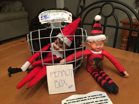 Elf on a shelf idea for Blackhawks fans. Hockey elf on a shelf Hockey Elf On The Shelf, Elf On The Shelf New Ornament, Elf Hockey Ideas, Hockey Elf On The Shelf Ideas, Elf On The Shelf Hockey Ideas, Elf On The Shelf Sports Ideas, Elf On The Shelf Hockey, Elf 2024, Craft Ideas Christmas