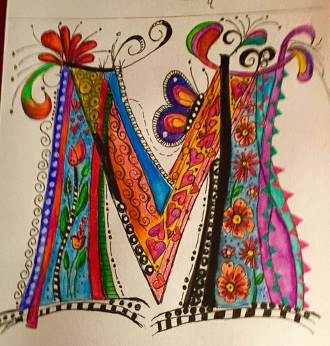 Modele Zentangle, Zantangle Art, Doodle Art Letters, The Letter M, Hand Lettering Art, Hand Lettering Alphabet, Creative Lettering, Zentangle Drawings, Doodle Lettering