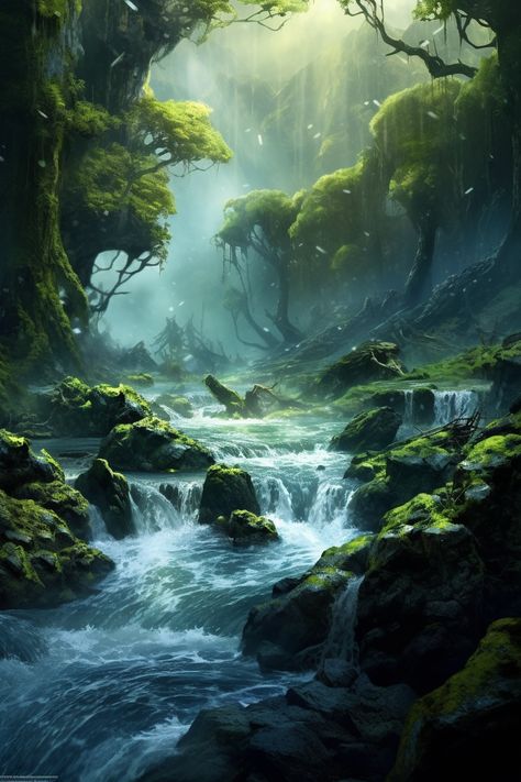 Fantasy Scenes Art, Fantasy Nature Landscape, Fantasy Grasslands, River Fantasy Art, Fantasy Landscape Art Nature, River Concept Art, Fantasy Landscape Illustration, Fantasy River, Fantasy Landscape Painting