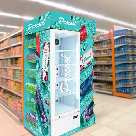 Hide away for fridge Fridge Display Retail Store Design, End Cap Display, Fridge Display, Freezer Ideas, Commercial Fridge, Cool Retail, Display Fridge, Yogurt Brands, Fridge Design