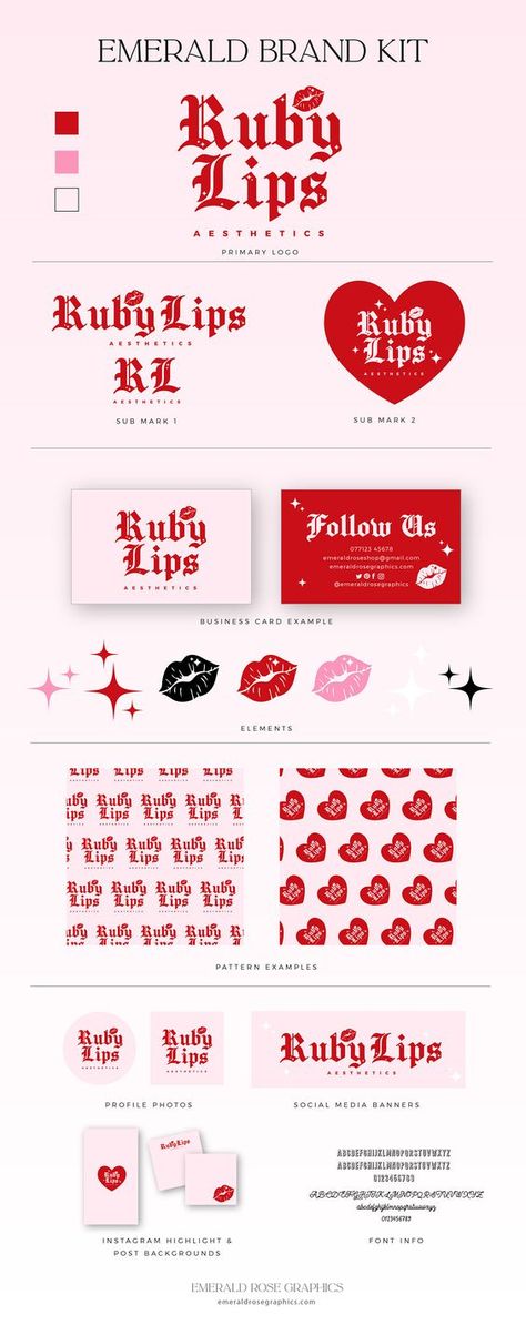 Ruby Lips Logo | Pre made Red Pink Bold Logo Design by Emerald Rose Graphics Instagram fonts #instagramfonts social media fonts #socialmediafonts fonts #fonts font #font 8.453 Sub Logo Design Ideas, Lip Logo Design Ideas, Red Canva Elements, Cute Brand Names, Pink Branding Design, Make Up Brand Logo, Design Names Ideas, Pink And Red Branding, Lips Logo Branding