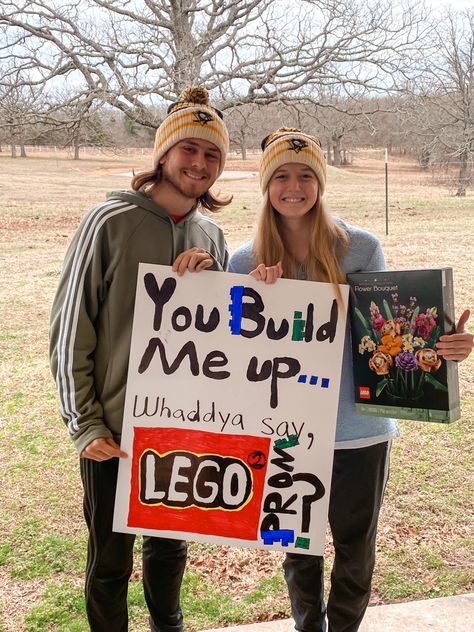 #prom #promposal #proposal #cute #legos #flowers Dance Related Hoco Proposals, Promposal Ideas For Her To Ask Him, Lego Hoco Proposals Ideas, Lego Homecoming Proposal, Dinosaur Promposal Ideas, Tolo Ask Ideas, Lego Promposal Ideas, Winterfest Proposals, Snowcoming Proposal