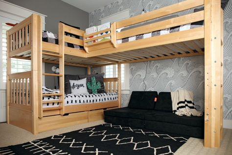 Room Reveal! Meet Aden & Hudson! These brothers share a room full of laughter, pillow fights and tons of play sessions. Blogger Adrianne Betz with Little Adi + Co loves the excitement and enjoys creating spaces for her two young boys to share. See how corner bunk beds added space in their new room design. See the big room reveal! Triple Full Bunk Beds, 3beds In One Room, Triple Bunk Beds With Storage, Boys Room 3 Beds, 3 Bunk Bed Ideas, Bunk Bed For 3 Kids, Bunk Beds For 3 Kids, Kids Room 3 Beds, Kids Loft Room