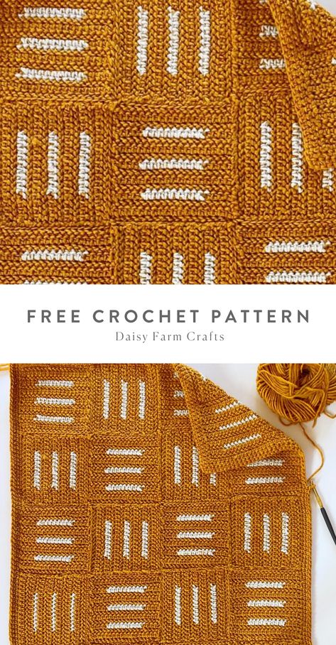 Free Pattern - Crochet Modern Hatch Lines Blanket Squares Crochet Blanket Minimalist, Mcm Crochet Blanket, Crochet Quilt Pattern Squares, Crochet Blanket With Squares, Mid Century Crochet Blanket, Contemporary Crochet Blanket, Crochet Blanket Patterns Modern, Mid Century Modern Crochet Blankets, Trendy Crochet Blanket