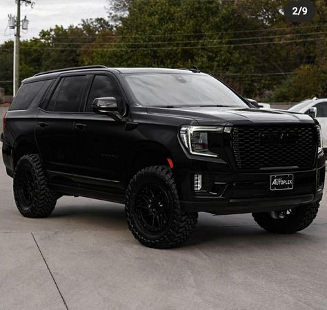 Chevy Tahoe Blacked Out, Black Suv Mom Aesthetic, Lifted Yukon Denali, Blacked Out Yukon, Blacked Out Suv, 2024 Chevy Tahoe, Yukon Denali Lifted, Gmc Denali Suv, Mom Vehicles