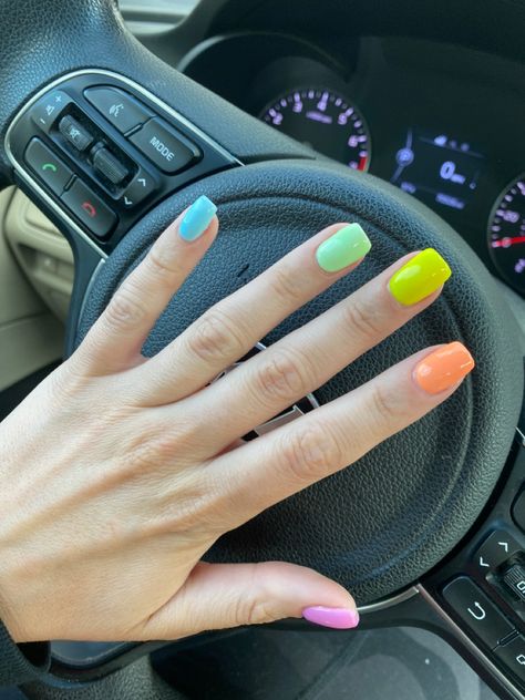 Promising Young Woman Movie Nails, Promising Young Woman Movie Aesthetic, Rainbow Short Nails, Promising Young Woman Movie, Tacky Nails, Pastel Rainbow Colors, Nails Rainbow, Young Women Outfits, Neon Acrylic Nails