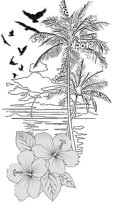 Beach Tattoo Stencil, Palm Tree Sketch Tattoo, Tropical Flower Tattoo Stencil, Palm Tree And Ocean Tattoo, Palm Tree And Water Tattoo, Pop Art Tattoos, Family Tattoo Designs, Cute Tats, Beach Tattoo