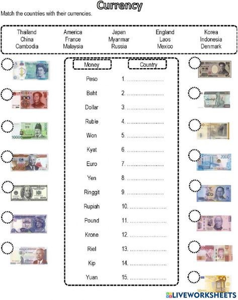 Currency 2 worksheet Money Worksheets, Work Sheet, Currency Note, Knowledge Facts, School Grades, General Knowledge Facts, Learning English, School Subjects, Lessons For Kids