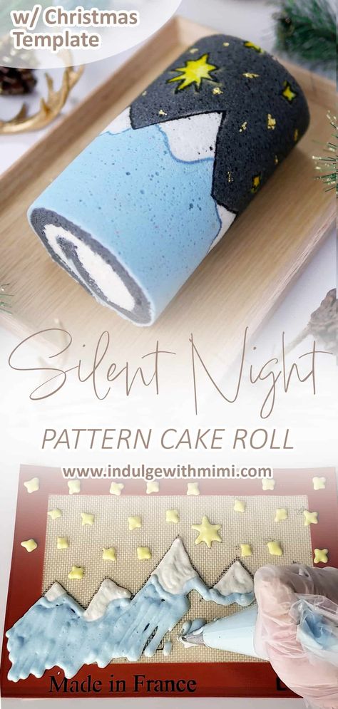 Silent Night Christmas Cake Roll with Peppermint Whipped Cream - Indulge With Mimi Swiss Roll Cake Christmas, Decorated Roll Cake, Thanksgiving Swiss Roll Cake, Thanksgiving Cake Roll, Holiday Cake Rolls, Cake Roll Pattern, Christmas Cake Roll Designs, Christmas Cake Rolls, Swiss Roll Filling