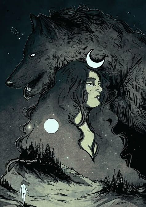 Wolf Witch Aesthetic, Witch And Wolf, Wolf Moon Art, Werewolf Aesthetic, Wolf Artwork, Werewolf Art, Canine Art, Witch Art, Fox Art