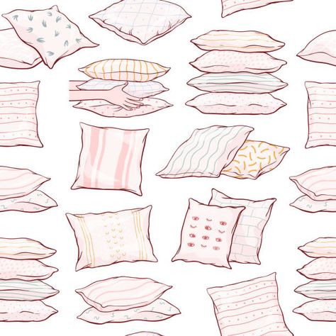 seamless pattern with pillows - single, pairs, piles, standing, lying, front and side view, on white background, hand-drawn sketch, vector illustration. seamless pattern with hand-drawn pillows - pile of pillows stock illustrations Bed Drawing Aesthetic, Bed Cute Drawing, Pillow Art Reference, Holding A Pillow Reference, Cute Pillow Drawing, How To Draw Pillows, Gacha Pillow Prop, Pillow Illustration Drawing, How To Draw A Pillow