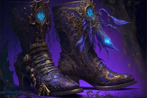 Dnd Magic Boots, Fantasy Items, Magic Shoes, Mystical Animals, Japanese Horror, Concept Art World, Magic Items, Fairytale Fashion, Walk In My Shoes