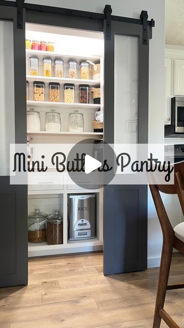 Shandy & Mark on Instagram: "From the moment we moved in, I KNEW this kitchen needed a pantry but I didn’t want a plain ol’ boring pantry. I still wanted it to be pretty and functional like a butlers pantry… Juuuuust smaller. • We started by removing the old flooring because we already knew we were going to eventually replace the floors. We framed, added electrical for can lights, drywalled, mudded, taped, primed and painted. Mark built every last thing from scratch and he did a PHENOMENAL job. • Doors are “Silhouette” from @benjaminmoore Walls are “Alabaster” from Benjamin Moore Recessed can lights are from @homedepot Door hardware is from Amazon and under $100 🤩🥳 . . . . #homerenovation #diyhomeimprovement #homeimprovementprojects #homeimprovement #diyhomerenovation #beforeandafterhome Shallow Kitchen Pantry, How To Build A Pantry, Pantry Renovation Ideas, Pantry Sliding Door Ideas, Pantry Doors Ideas, Kitchen Wall Pantry, Built In Pantry Cabinet Wall, Old Flooring, Pantry Door Ideas