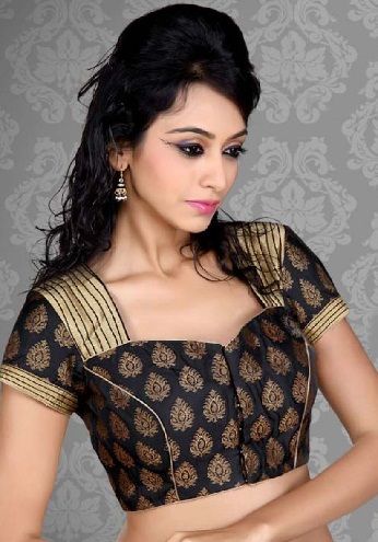 Readymade Designer Blouses with Golden Flower Design Black Saree Blouse, Saree Blouses Online, Sari Blouse Designs, Indian Saree Blouse, Saree Blouse Patterns, Brocade Blouses, Designer Saree Blouse Patterns, Saree Blouse Designs Latest, Designer Blouse Patterns