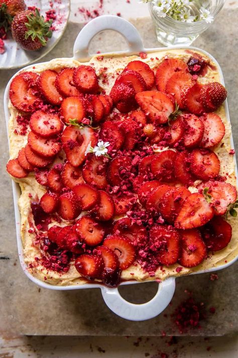 Half Baked Harvest Easy Dessert, Strawberry Tiramisu Half Baked Harvest, Half Baked Harvest Summer Recipes, Trifle Desserts Strawberry, Savory Strawberry Recipes, Fruit Tiramisu, Mimosa Cupcakes, Strawberry Tiramisu Recipe, Cabin Meals