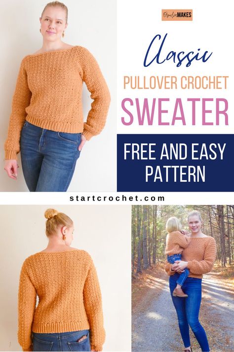 Here is a Classic Pullover Crochet Sweater Sweater Pattern Free, Crochet Pullover Pattern, Pullover Crochet, Crochet Sweater Free, Crochet Sweater Pattern, Foundation Single Crochet, Stylish Sweater, Basic Sweaters, Textured Sweater