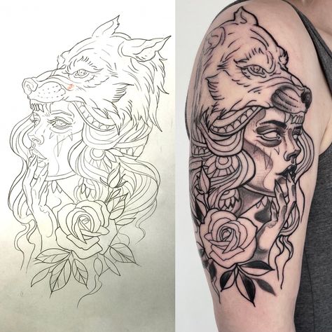 Wolf Head Tattoo, Lady Tattoo, Head Tattoo, Sleeve Ideas, Sleeves Ideas, Head Tattoos, Wolf Head, Tattoos For Women, Portrait Tattoo