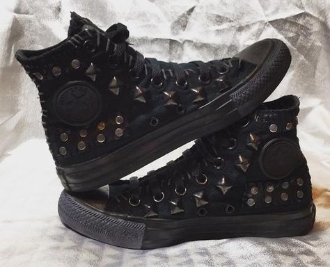 Cherry Clothing, Studded Converse, Chuck Taylor Converse, Custom Chuck Taylors, Skull Shoes, Punk Shoes, Spike Shoes, Dr Shoes, Studded Shoes