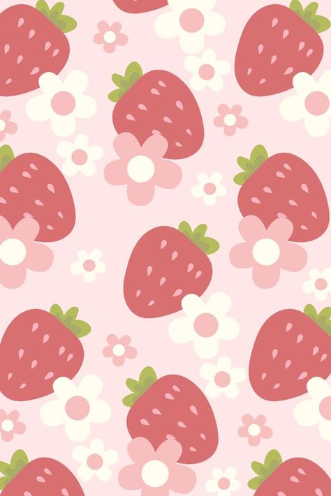 Cute Pink Strawberry Wallpaper, Cute Pink Aesthetic Background, Aesthetic Design Patterns, Aesthetic Kawaii Wallpaper, Pink Wallpaper Pattern, Strawberry And Flowers, Wallpaper Mawar, Strawberry Pictures, Strawberry Beads